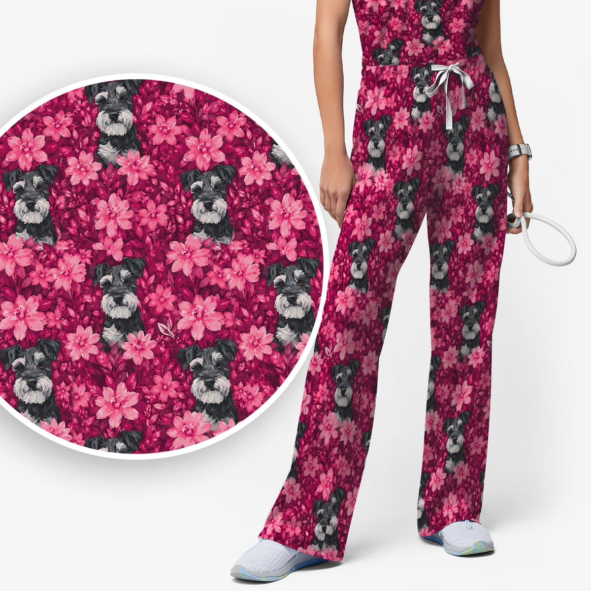 Pink Floral Schnauzer Nurse Scrub Set