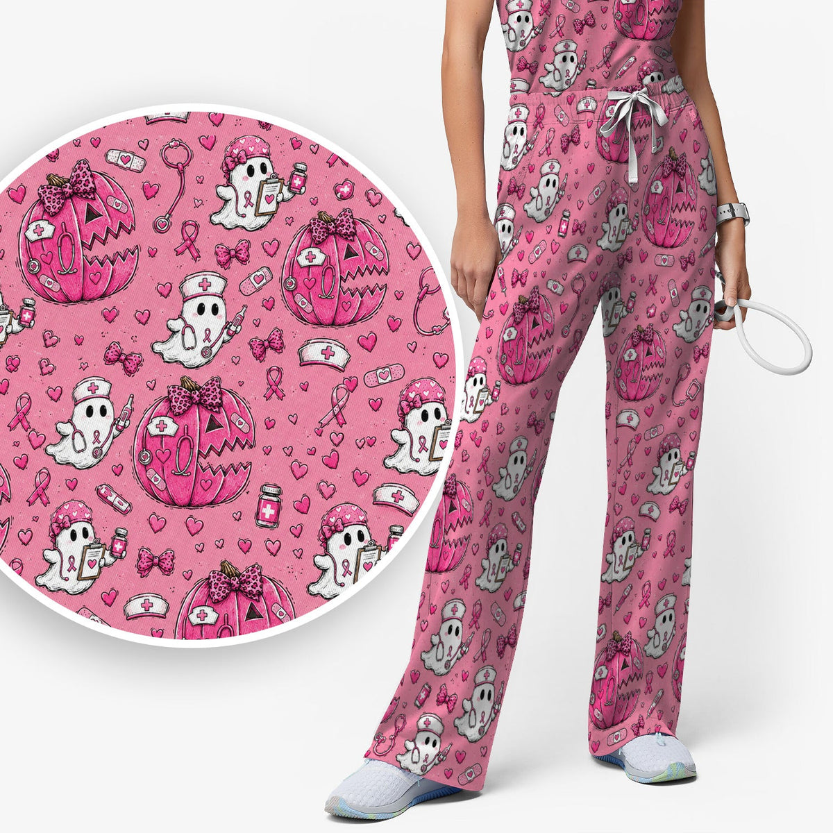 Pink Ribbon Ghost Pattern Nurse Scrub Set