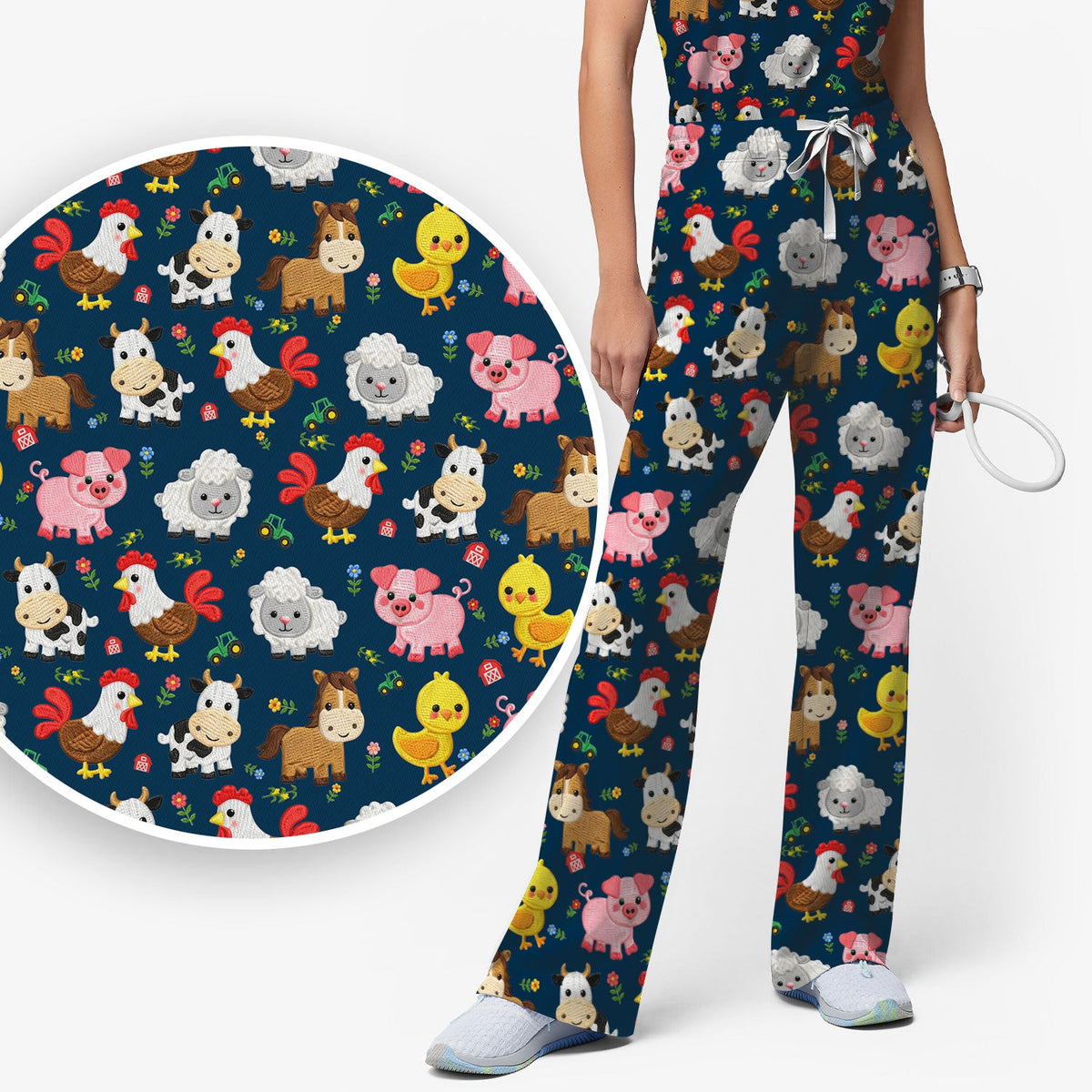 Cartoon Farm Animal Nurse Scrub Set