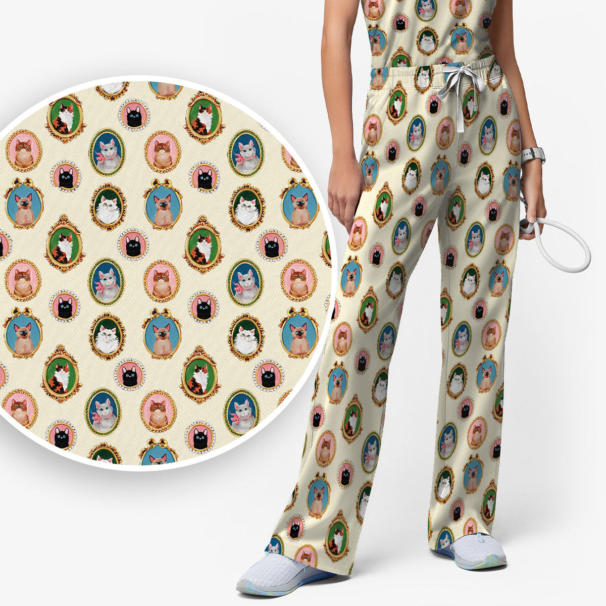 Vintage Cat Portrait Nurse Scrub Set