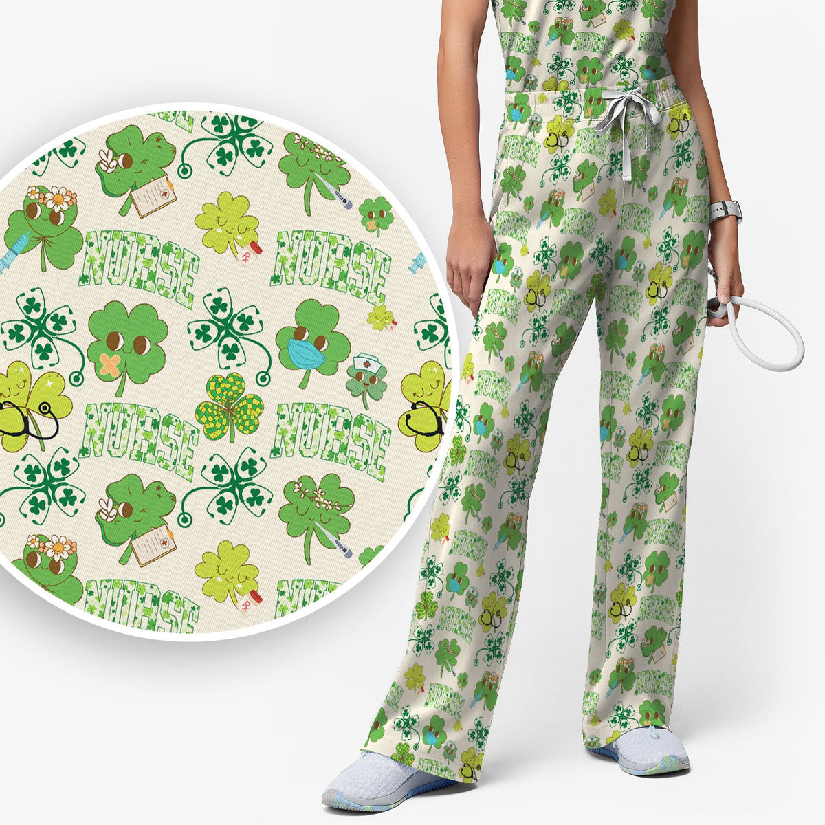 Lucky Shamrock Nurse Scrub Set, St. Patrick’s Day Nursing Shirt, Breathable Fabrics Nursing Uniform