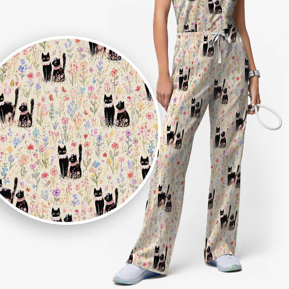 Cute Black Cats Wildflower Garden Nurse Scrub Set