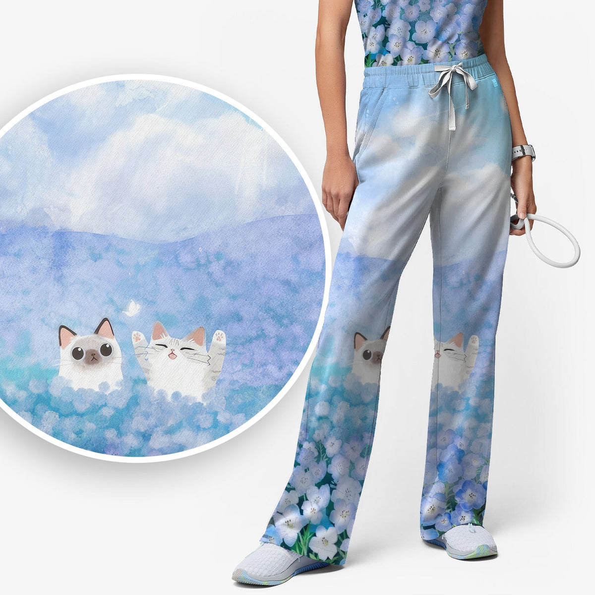 Dreamy Cat Cloud Hydrangea Nurse Scrub Set