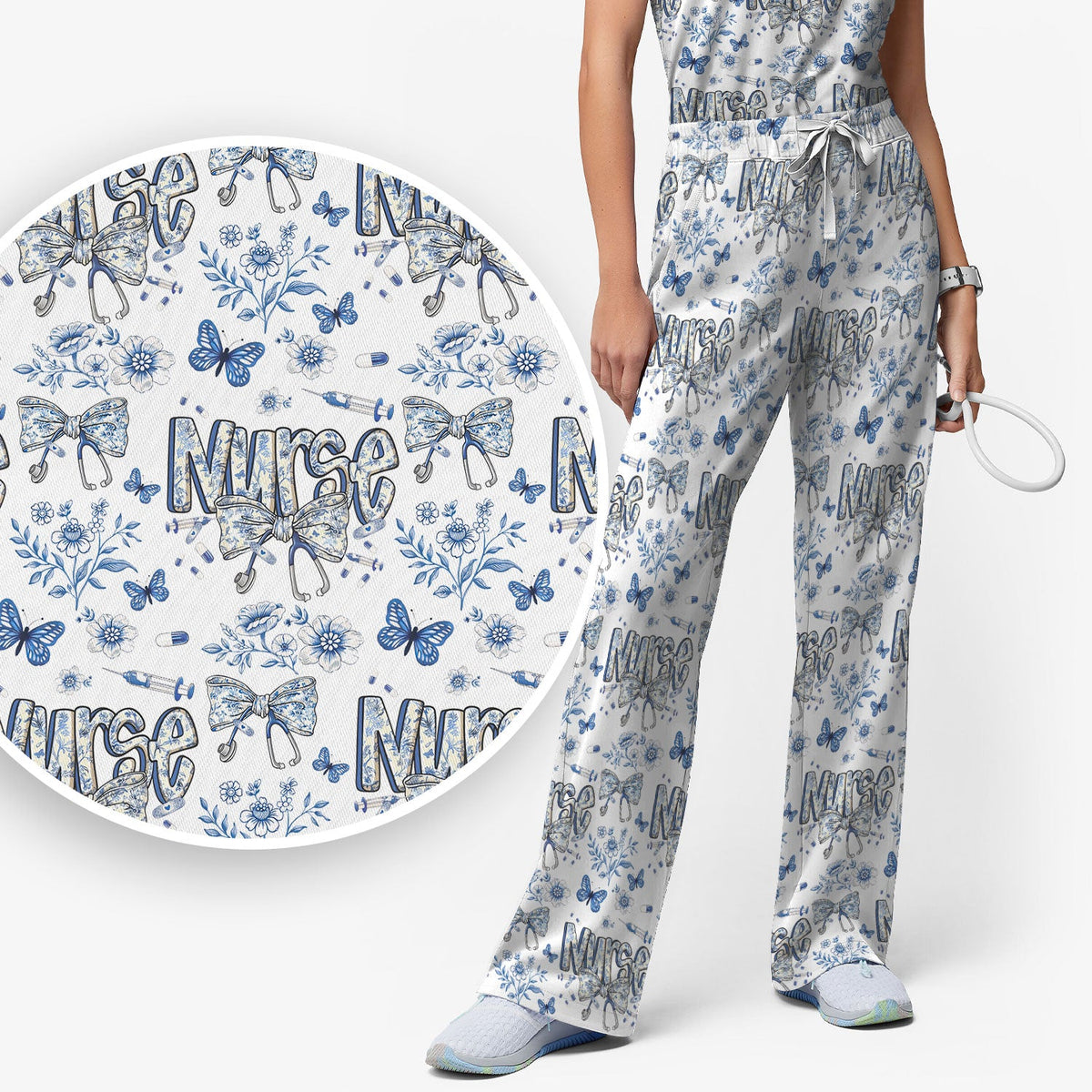 Blue Nurse Bow Butterfly Floral Scrub Set