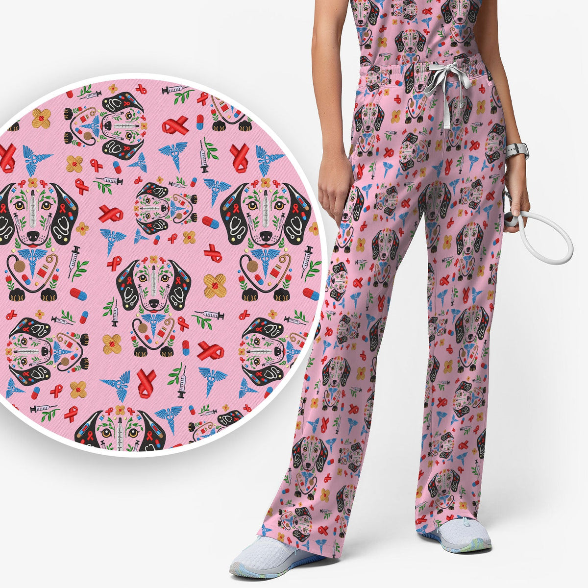 Dachshund Medical Icon Pattern Scrub Set, Women's Scrub Sets