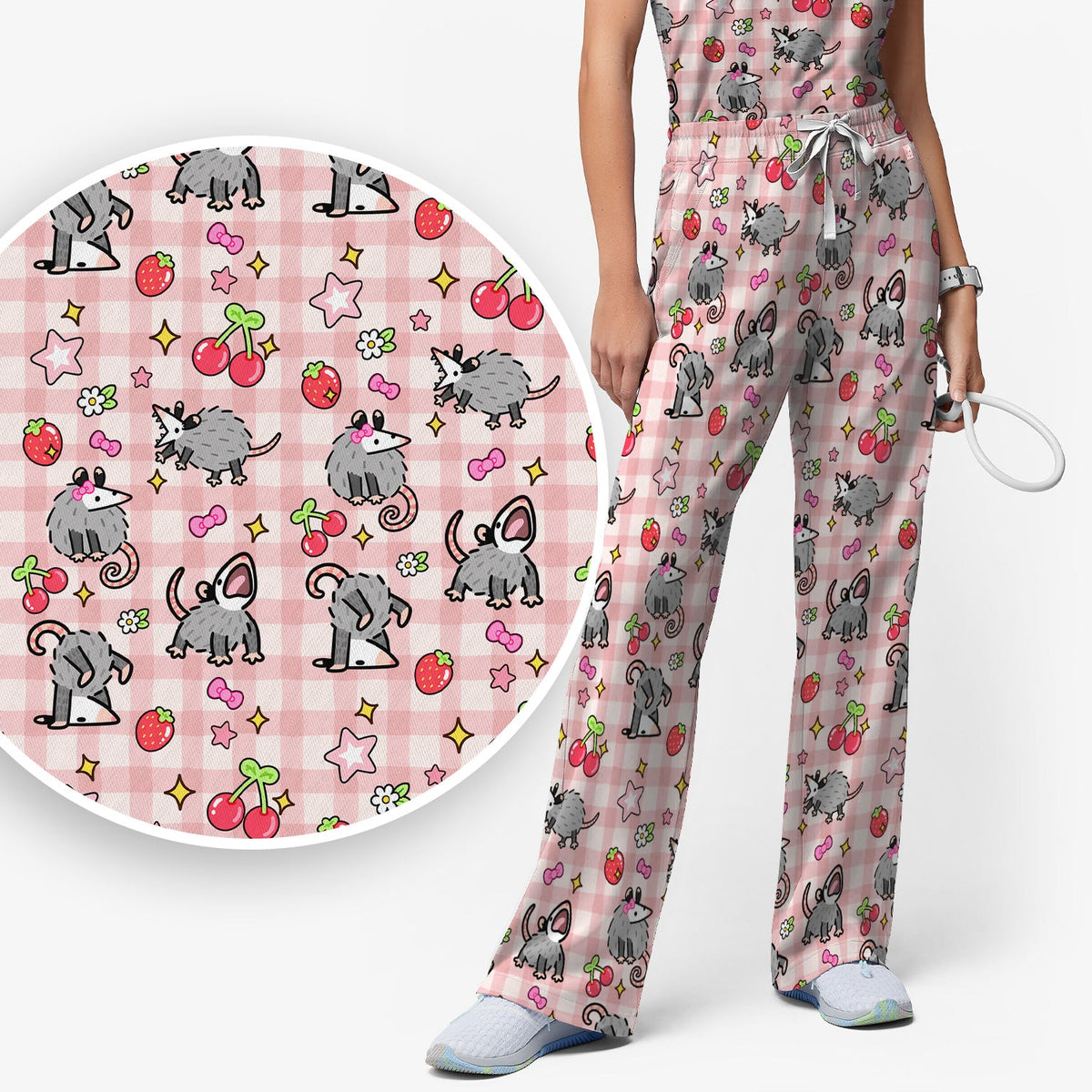 Opossum And Cherries Gingham Nurse Scrub Set