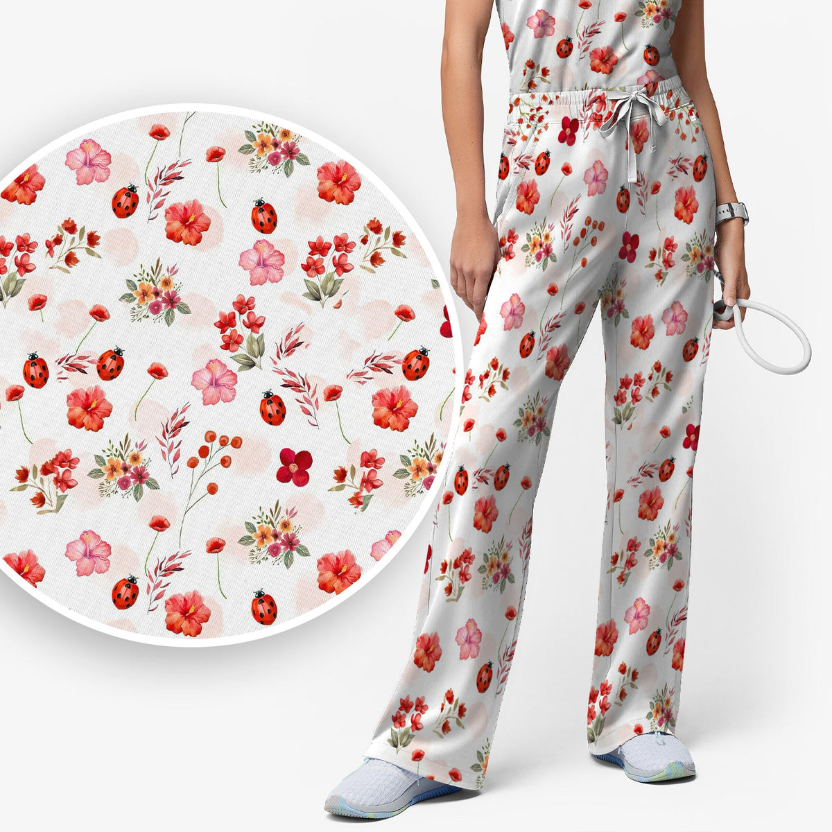 Red Ladybug Floral Garden Nurse Scrub Set