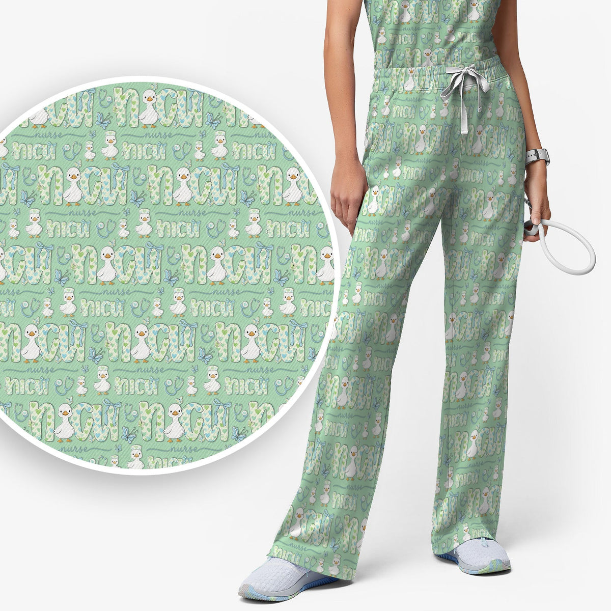 NICU Nurse Duck Pattern Scrub Set, Scrub Pants and V Neck Top