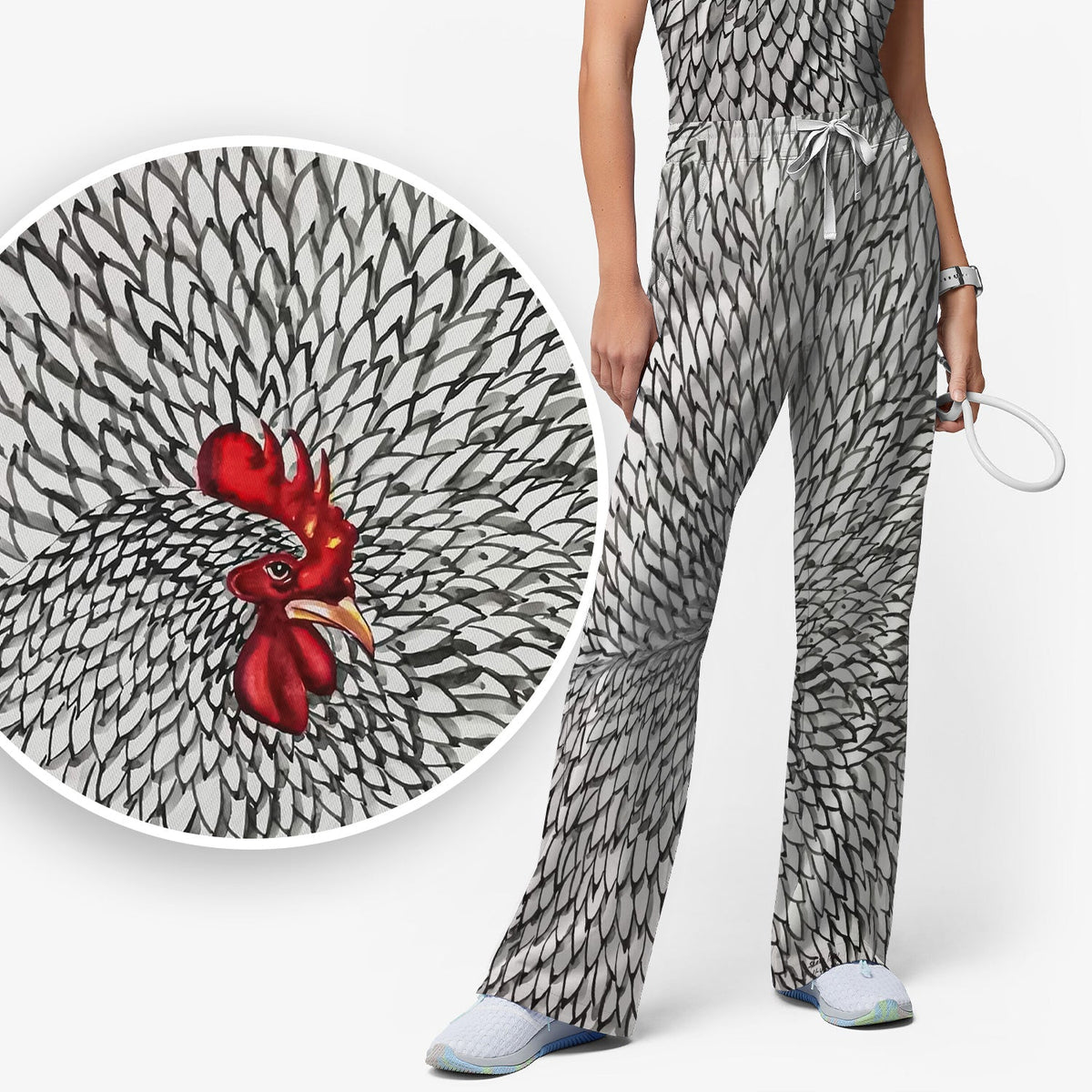 Watercolor Rooster Feather Nurse Scrub Set