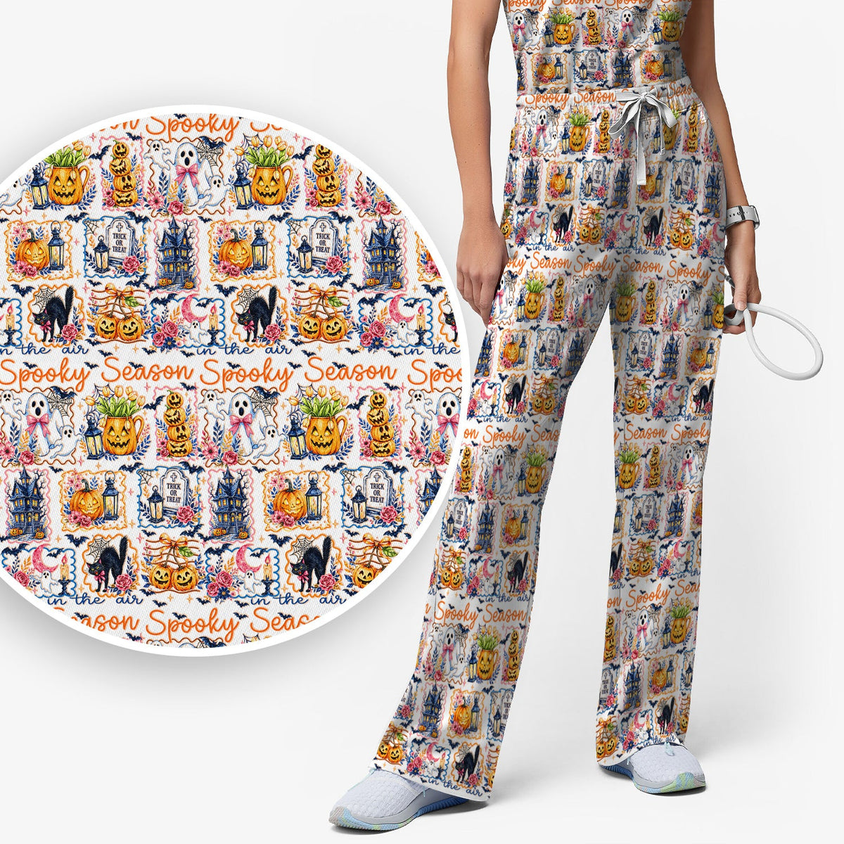 Spooky Pumpkin Ghost Pattern Nurse Scrub Set