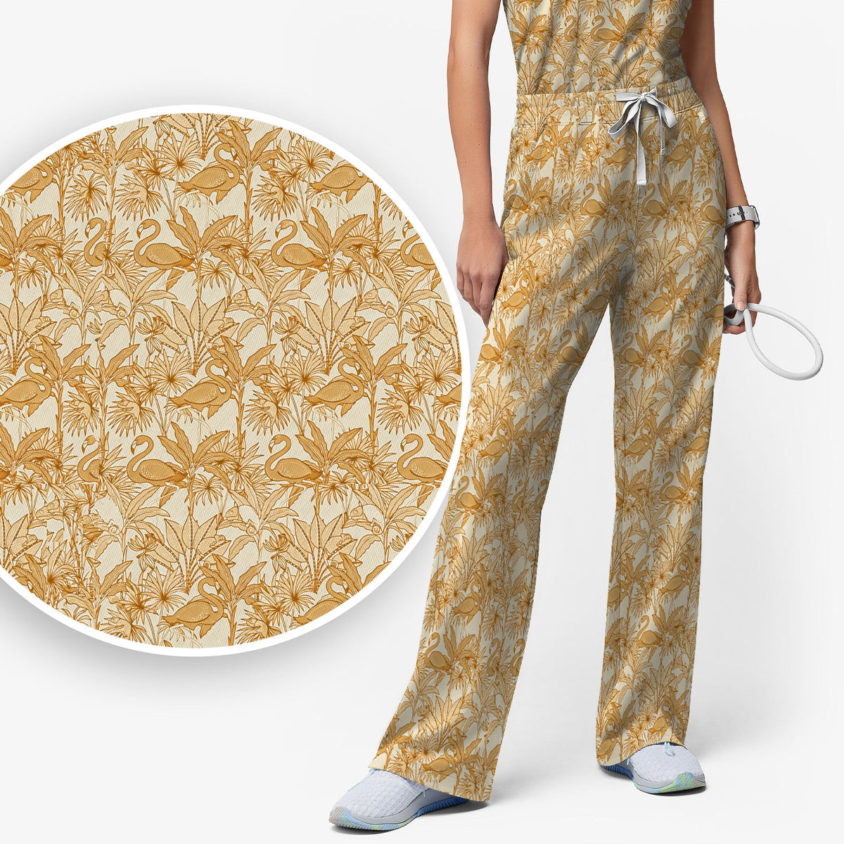 Tropical Flamingo Palm Leaves Nurse Scrub Set