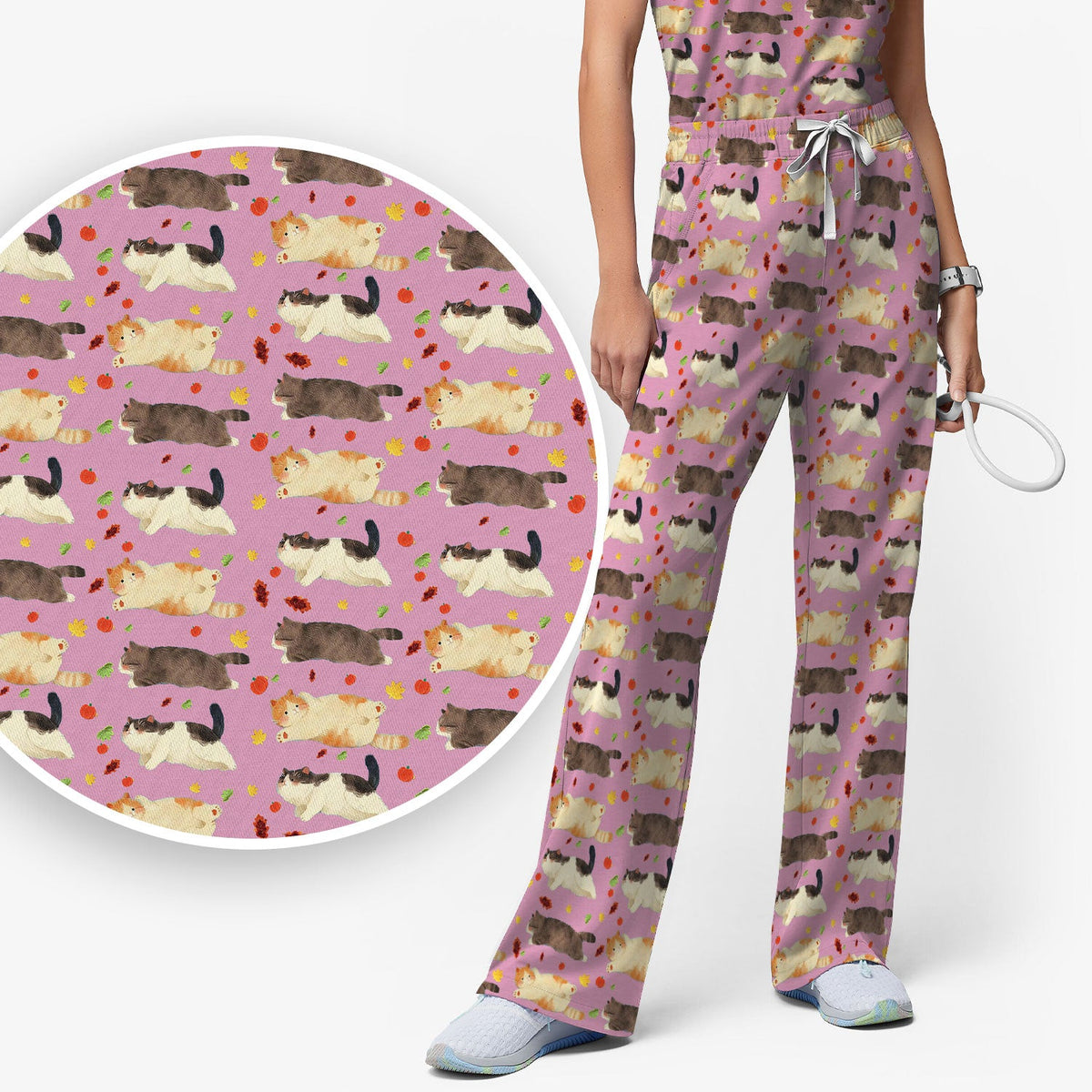 Chubby Cat Autumn Leaves Nurse Scrub Set