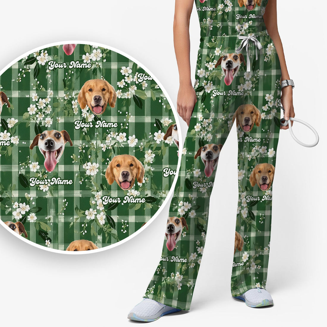 Dog Face Green Plaid Floral Nurse Scrub Set