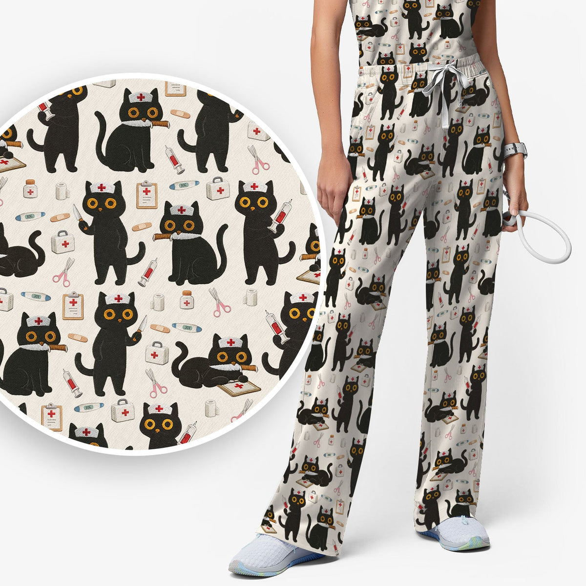 Cute Teal Black Cat Nurse Scrub Set