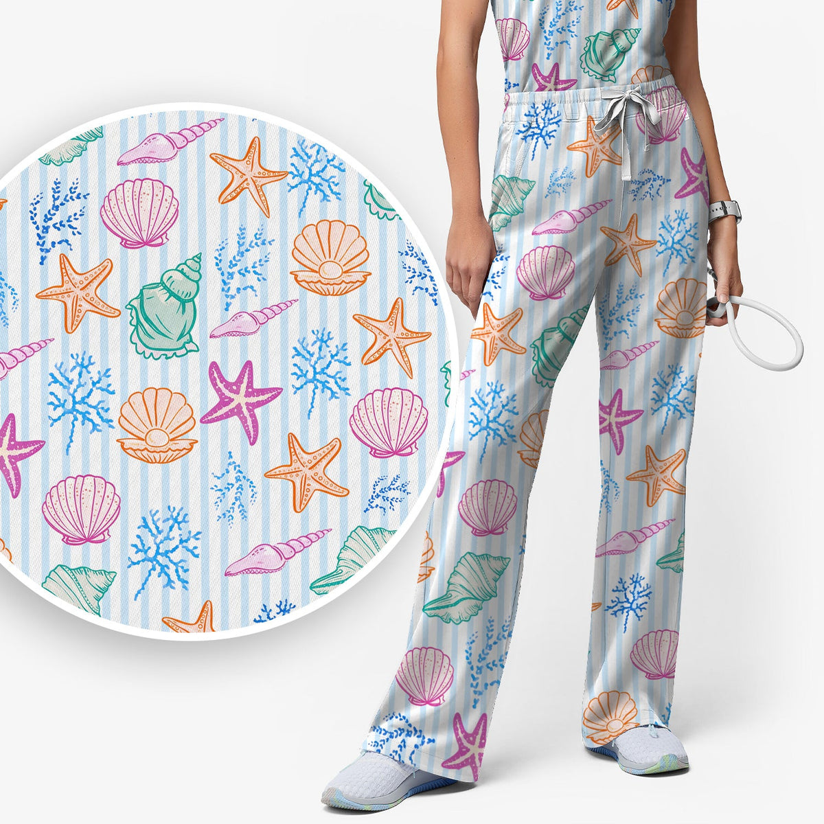 Colorful Seashell Starfish Ocean Stripe Nurse Scrub Set