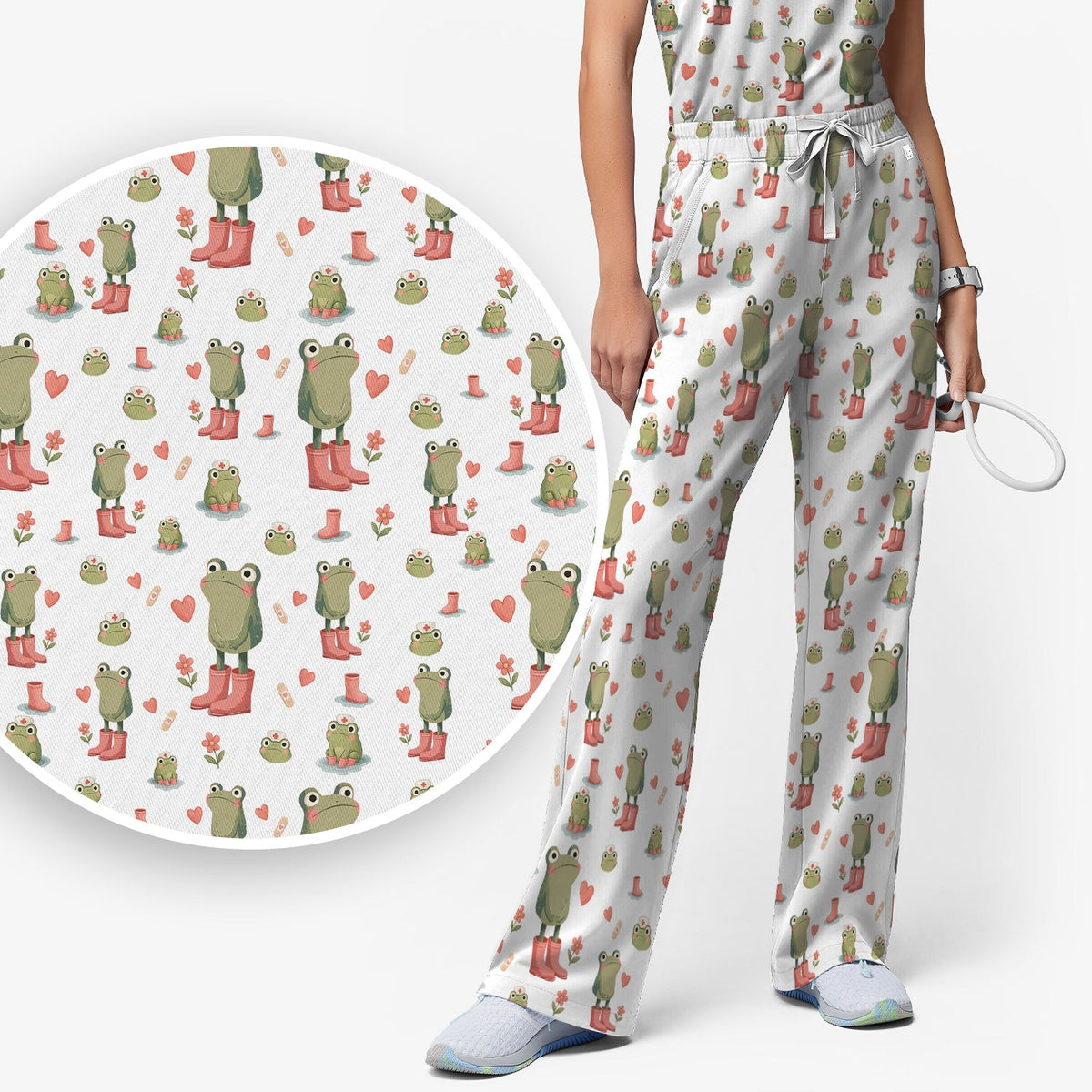 Adorable Frog Boots Heart Nurse Scrub Set