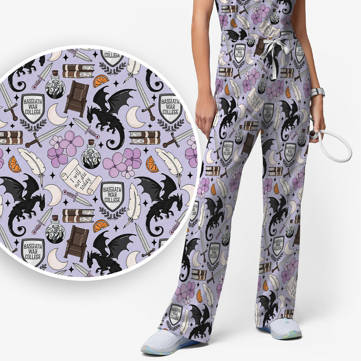 Spooky Gothic Fantasy Dragon Pattern Scrub Set, Scrub Pants and V Neck Top