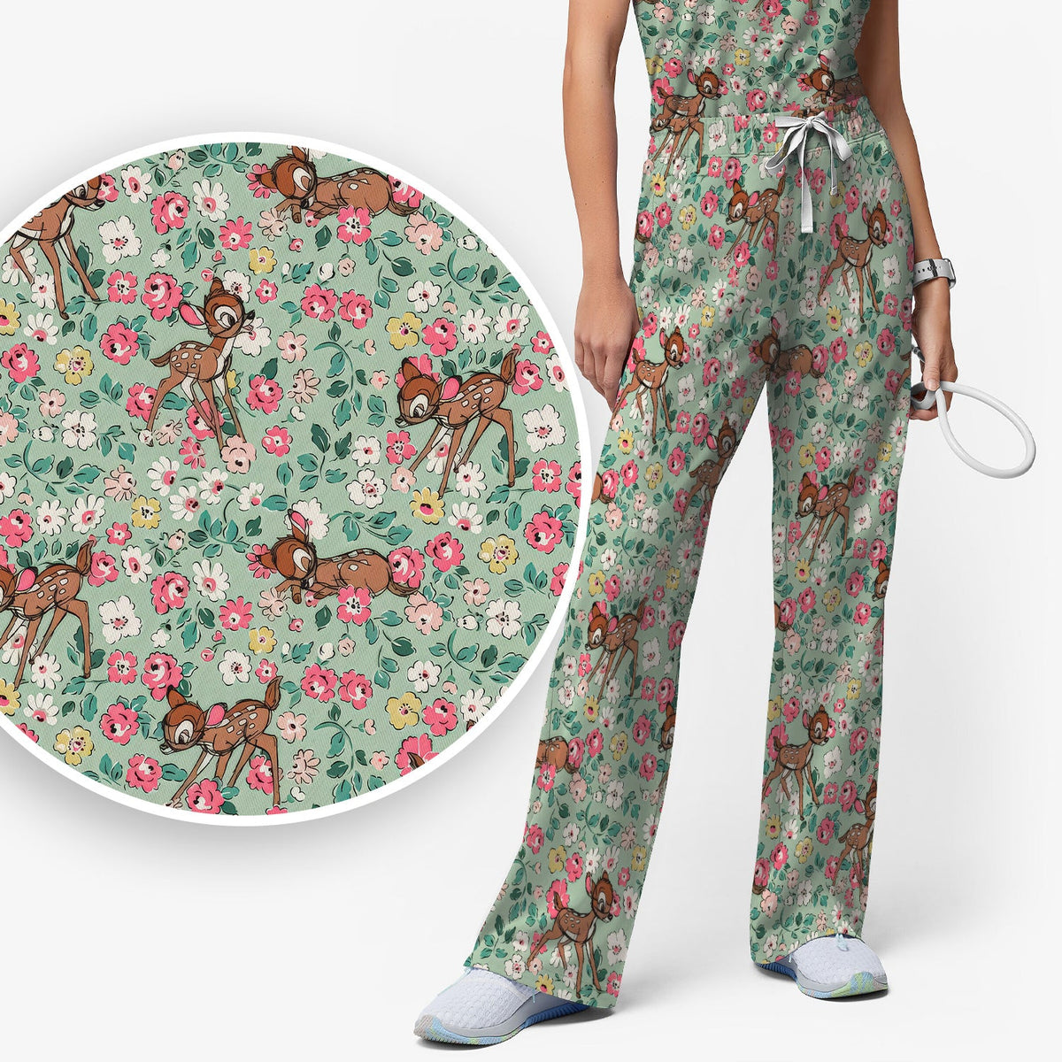 Cute Baby Deer Floral Nurse Scrub Set