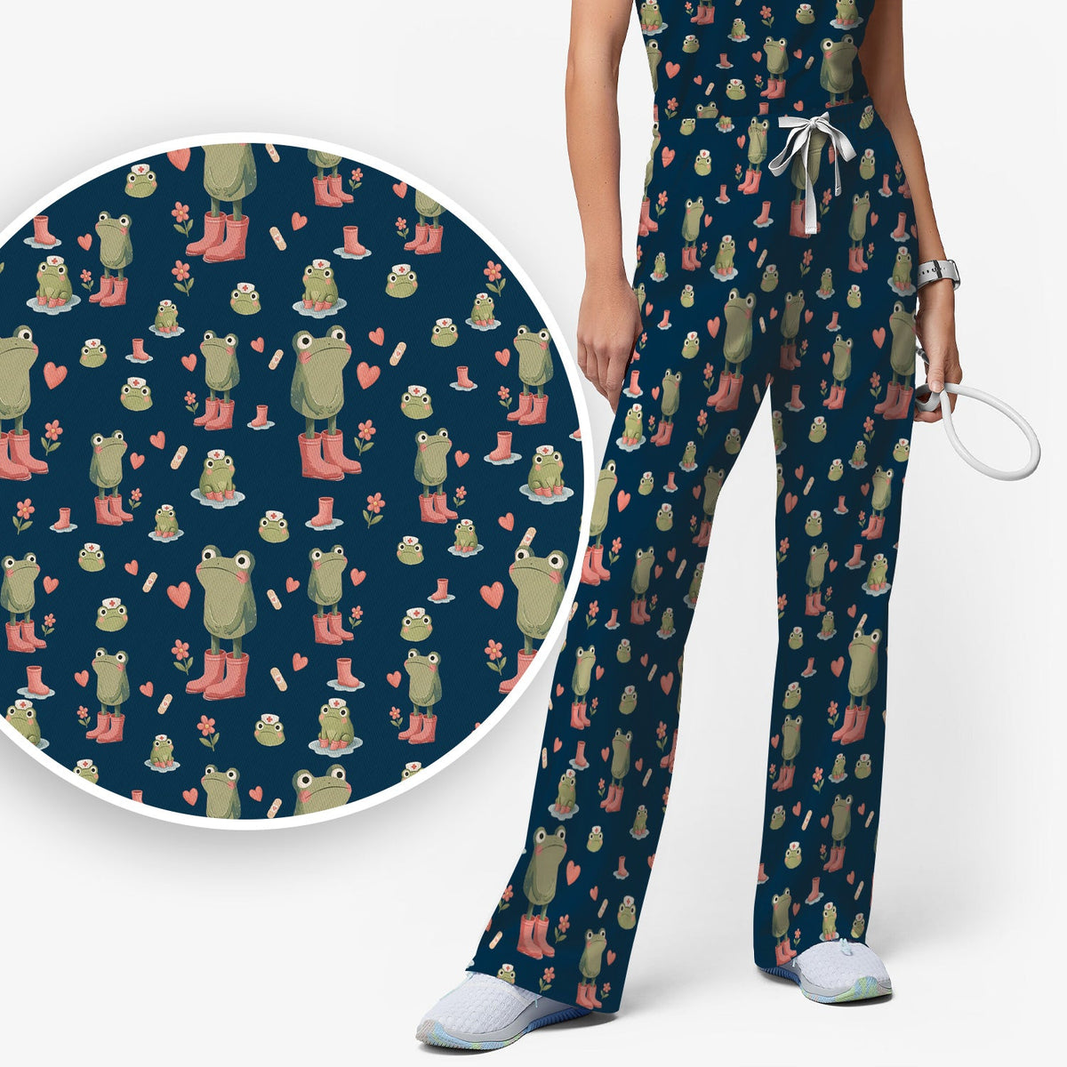 Adorable Frog Boots Heart Nurse Scrub Set