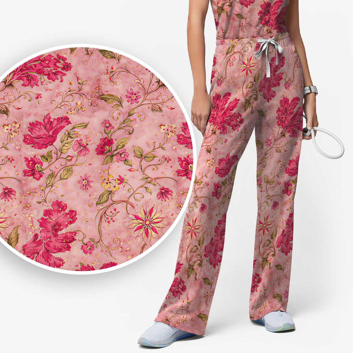 Elegant Pink Floral Vine Nurse Scrub Set