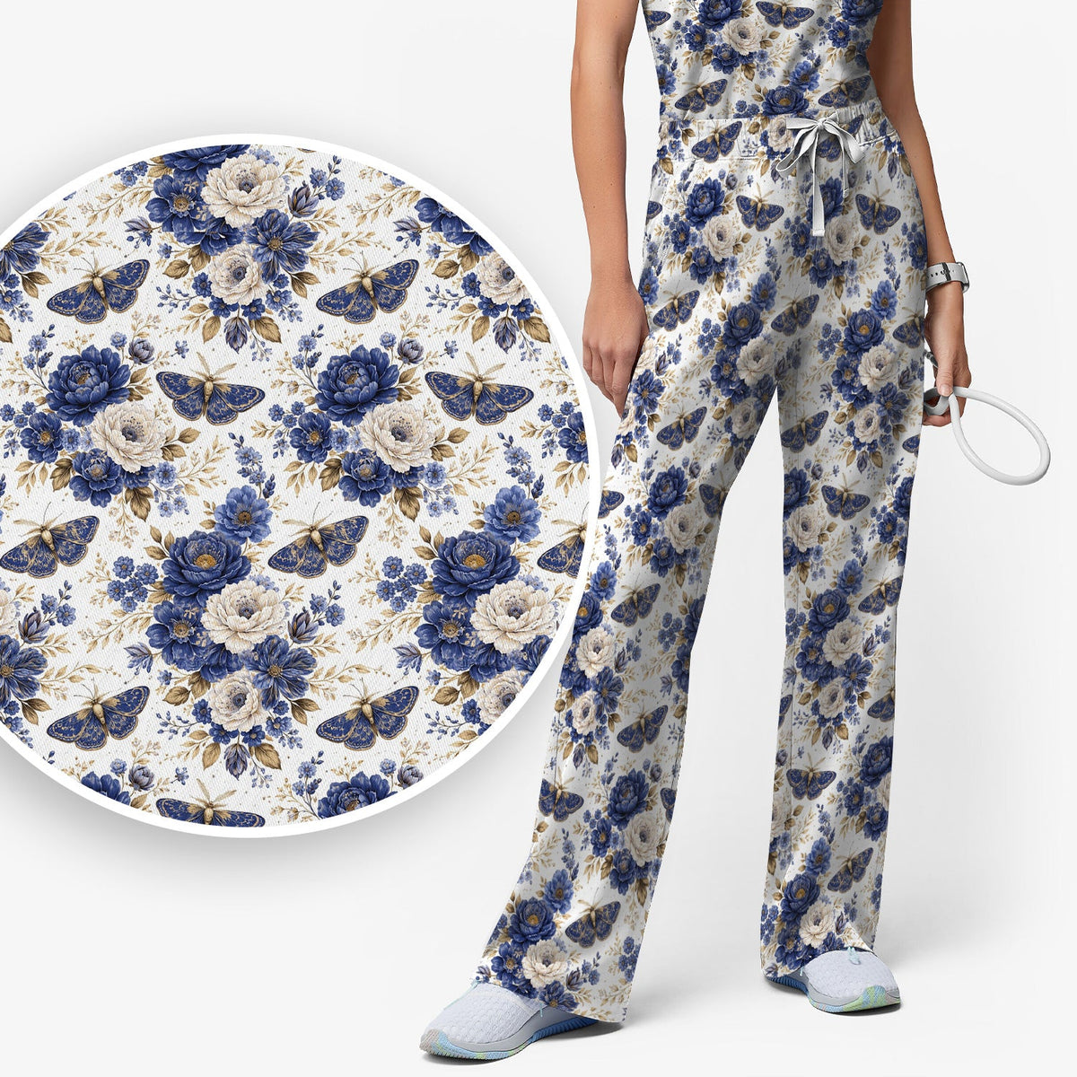 Cute Blue Floral Moth Nurse Scrub Set