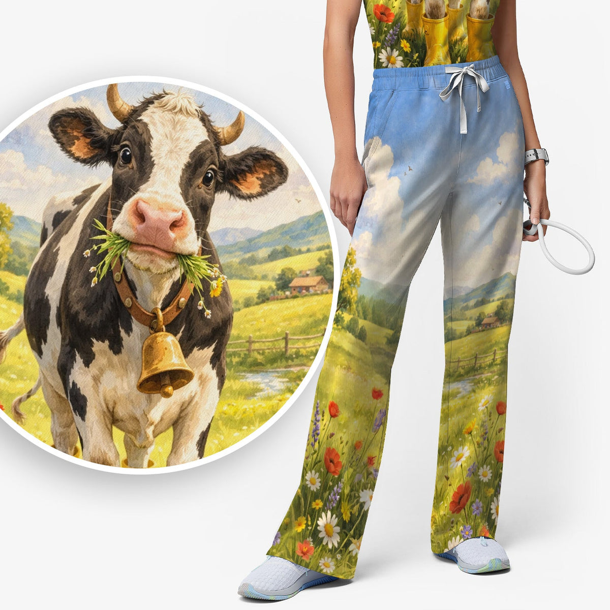 Cow Wearing Boots Nurse Scrub Set