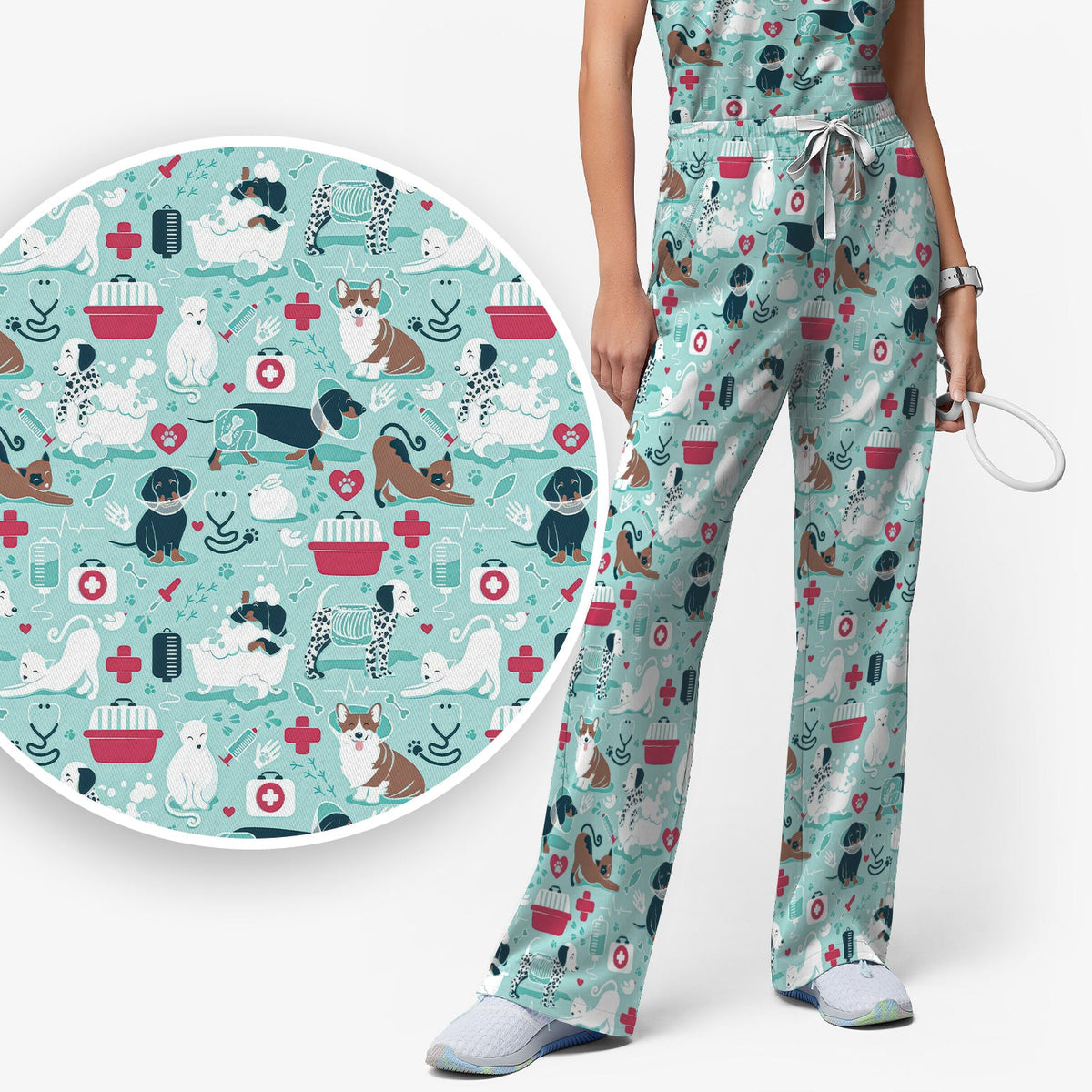 Dogs With Veterinary Tools And Paw Print Scrub Set, Breathable Med Uniform