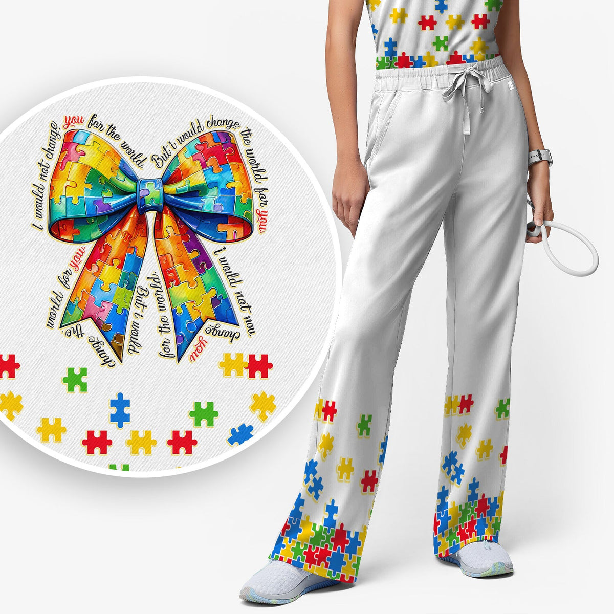 Autism Puzzle Bow Colorful Pieces Nurse Scrub Set