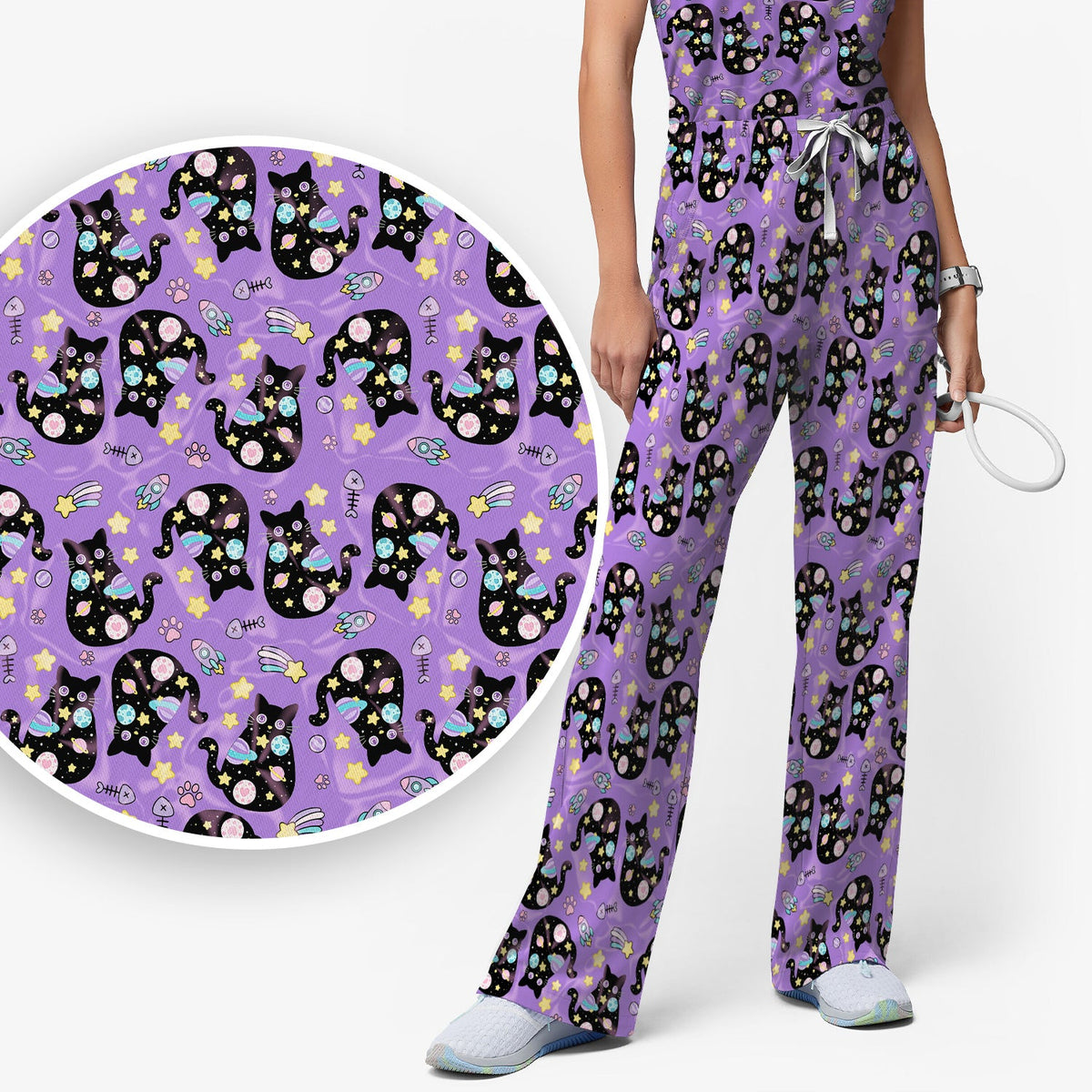 Galaxy Black Cat Space Nurse Scrub Top
