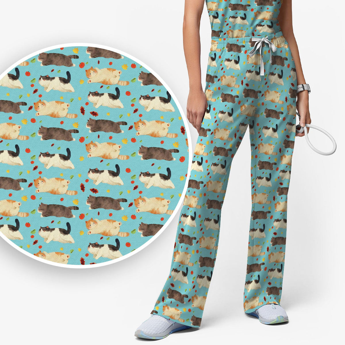 Chubby Cat Autumn Leaves Nurse Scrub Set