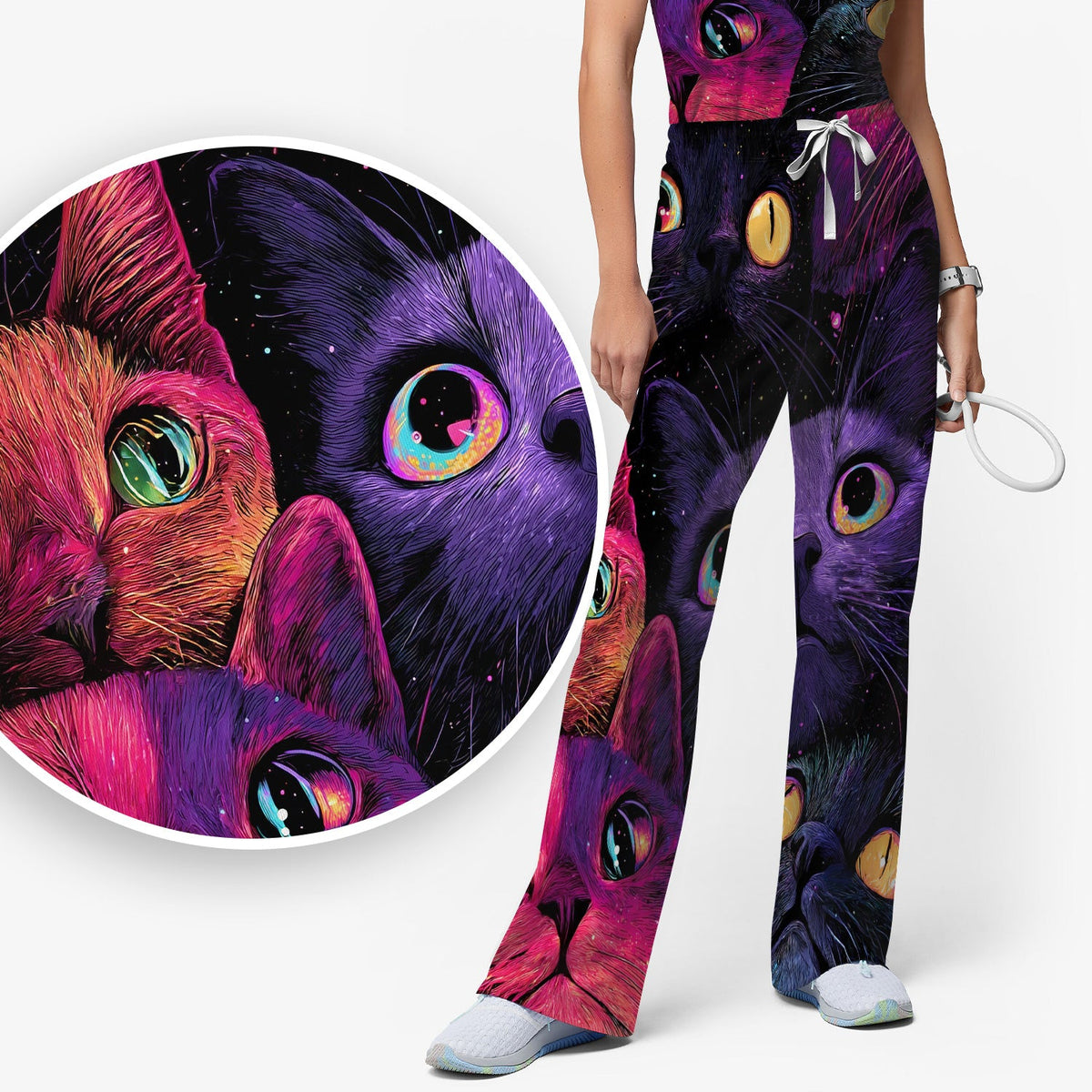 Colorful Neon Cat Faces Nurse Scrub Set
