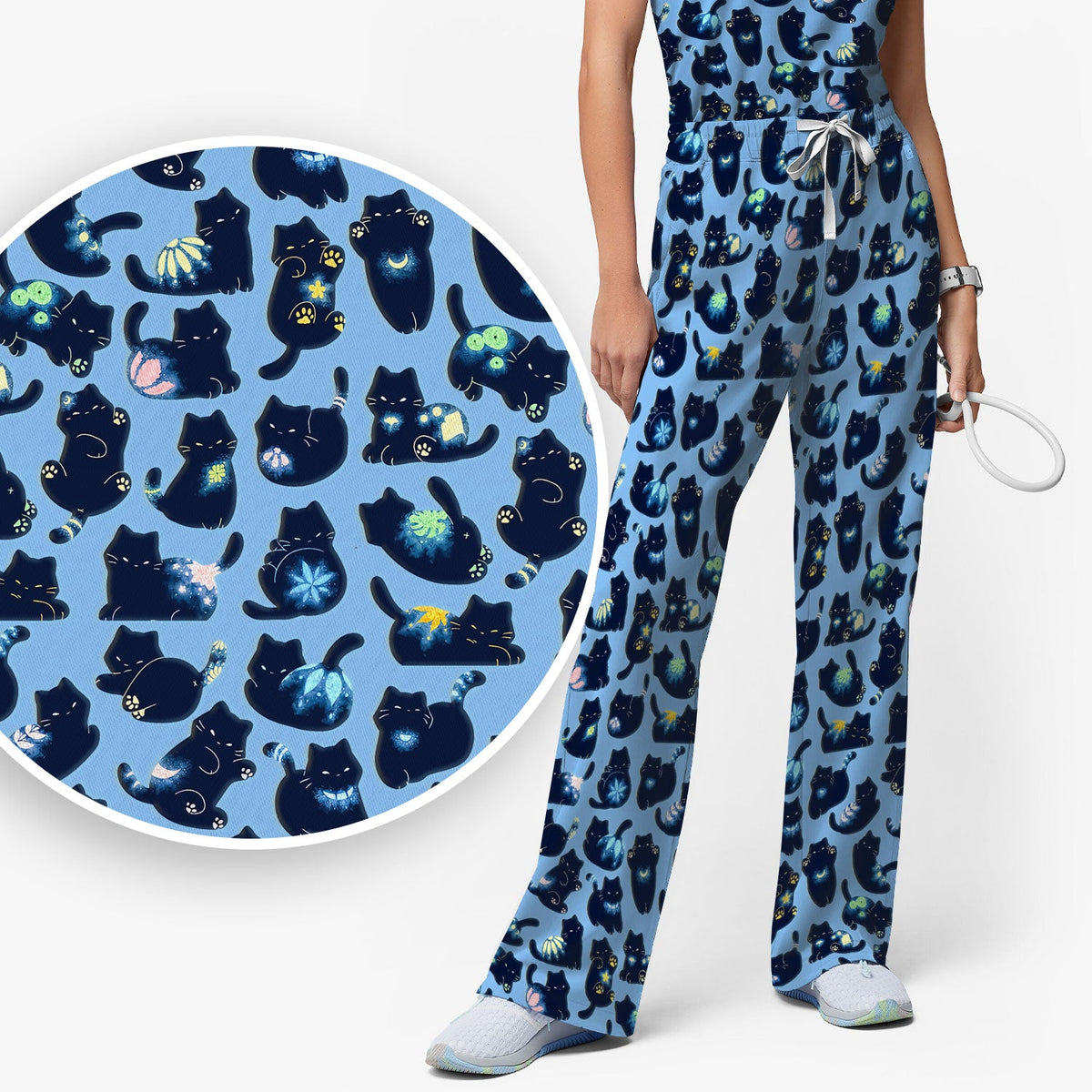 Midnight Black Cat Nurse Scrub Set
