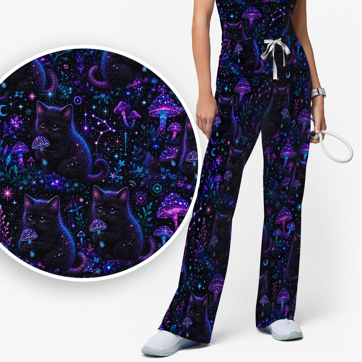 Neon Black Cat Mushroom Galaxy Nurse Scrub Set