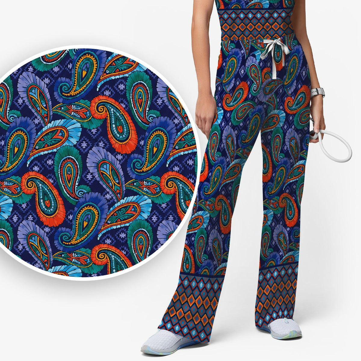 Colorful Paisley Geometric Border Nurse Scrub Set