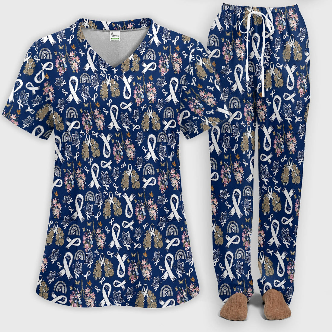 Lung Cancer Awareness Scrub Sets for Women - White Ribbon Butterfly Floral Scrub Pants and V Neck Top - Comfortable Med Uniform for Her