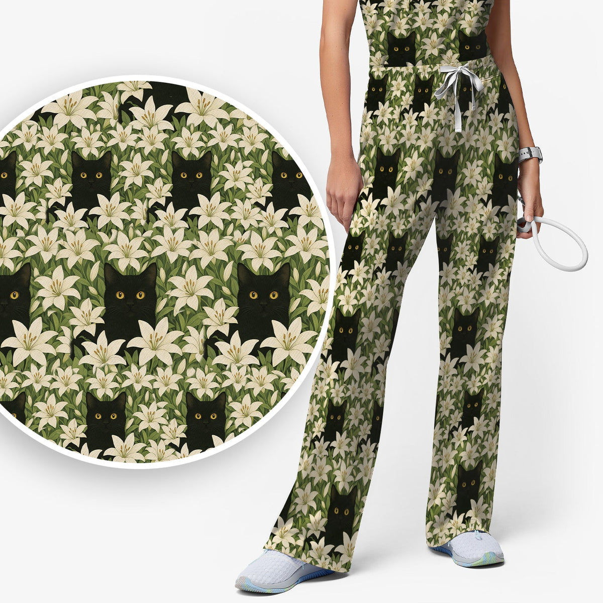 Black Cat Hidden In Lily Garden Nurse Scrub Set