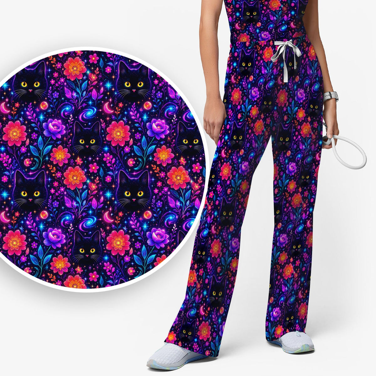 Galaxy Black Cat Floral Nurse Scrub Set