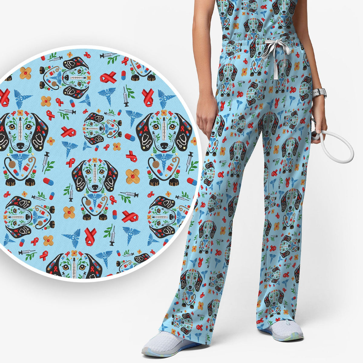 Dachshund Medical Icon Pattern Scrub Set, Women's Scrub Sets