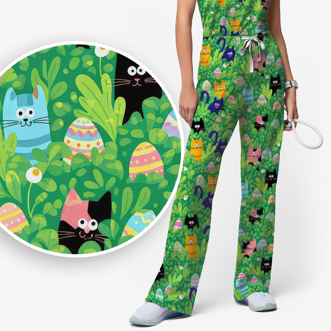 Colorful Easter Cats Green Leaves Nurse Scrub Set