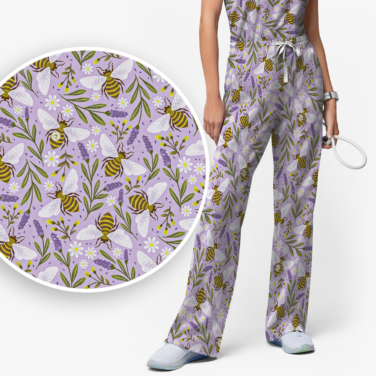 Lavender Bee Floral Nurse Scrub Set