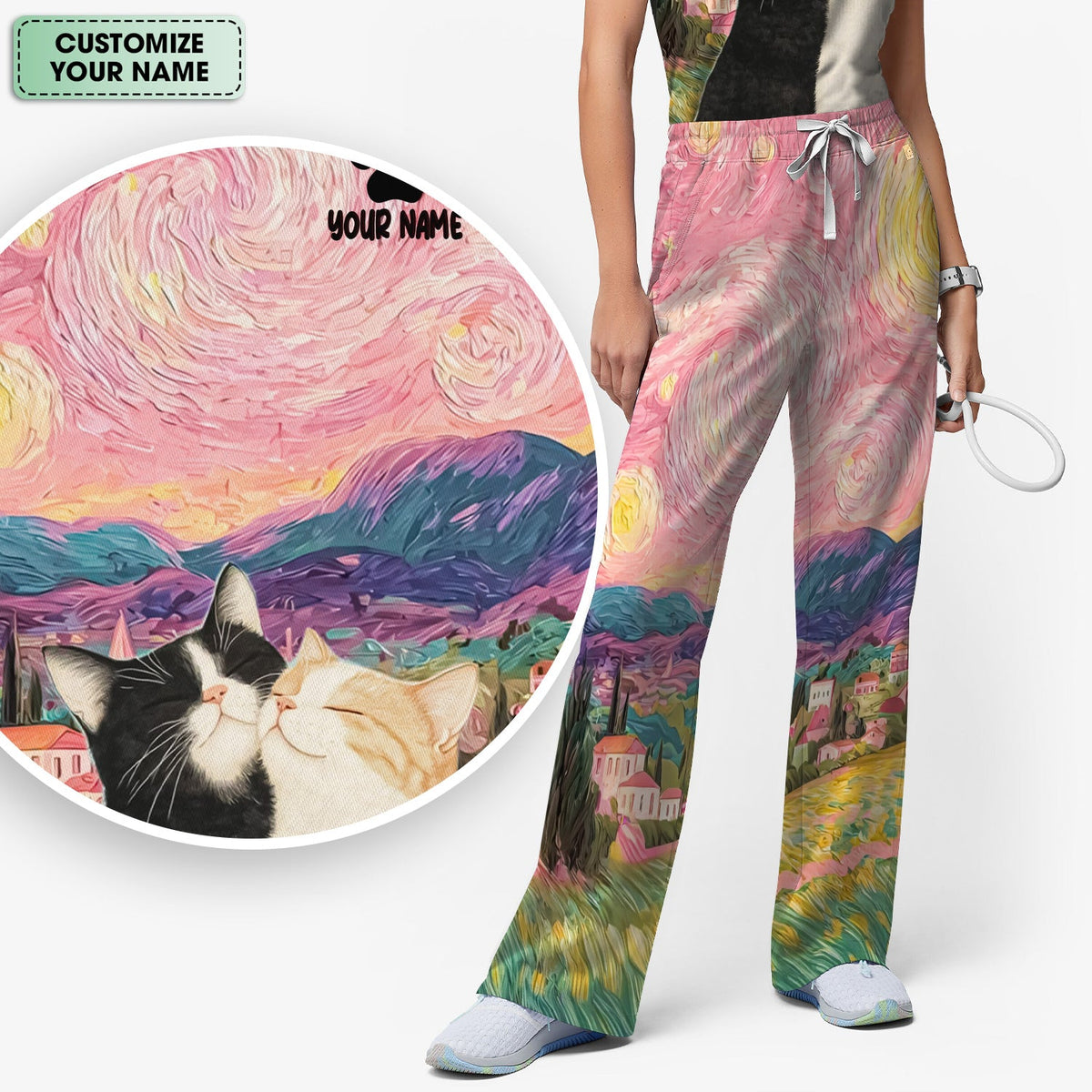 Personalized Cat Couple Sunset Sky Nurse Scrub Set