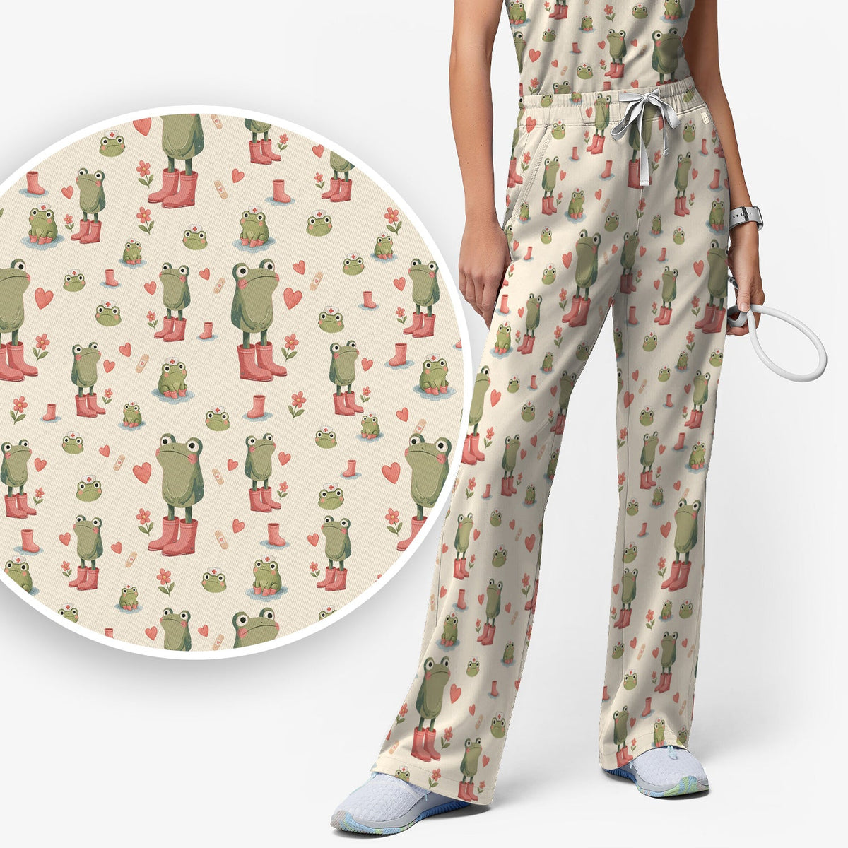 Adorable Frog Boots Heart Nurse Scrub Set