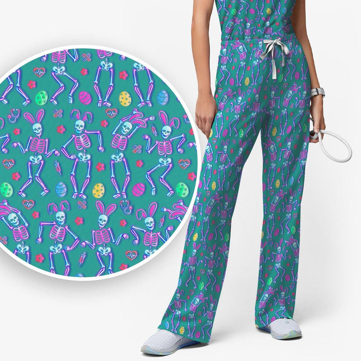 Neon Easter Skeleton Print Scrub Set, Scrub Pants and V Neck Top