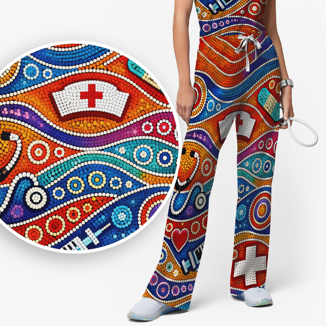 Aboriginal Dot Art Nurse Scrub Set, Artistic Medical Pattern Shirt, Breathable Fabrics Nursing Uniform