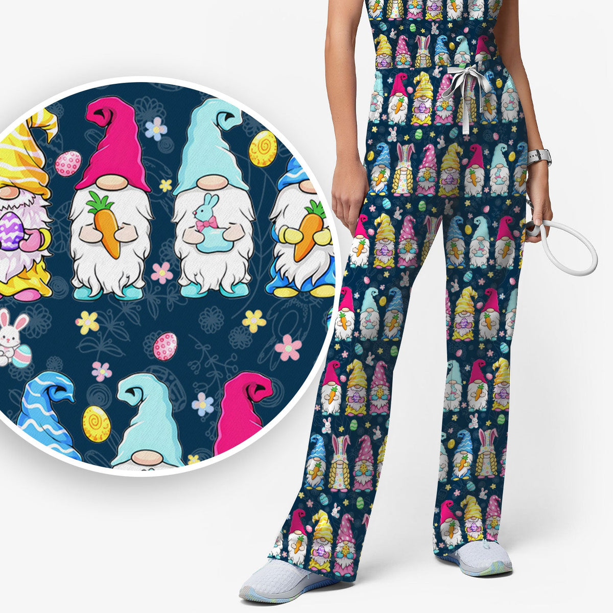 Colorful Easter Gnome Bunny Eggs Nurse Scrub Set