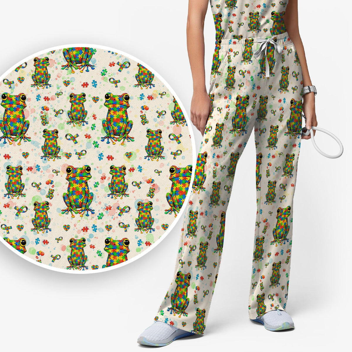 Colorful Autism Puzzle Frog Nurse Scrub Set