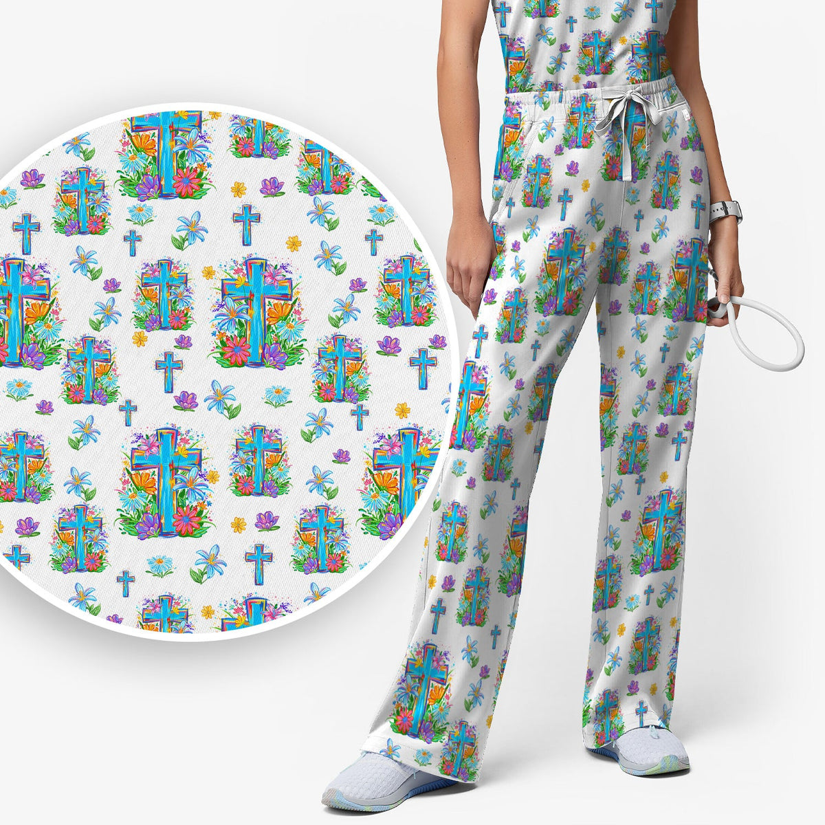 Christian Floral Cross Spring Nurse Scrub Set