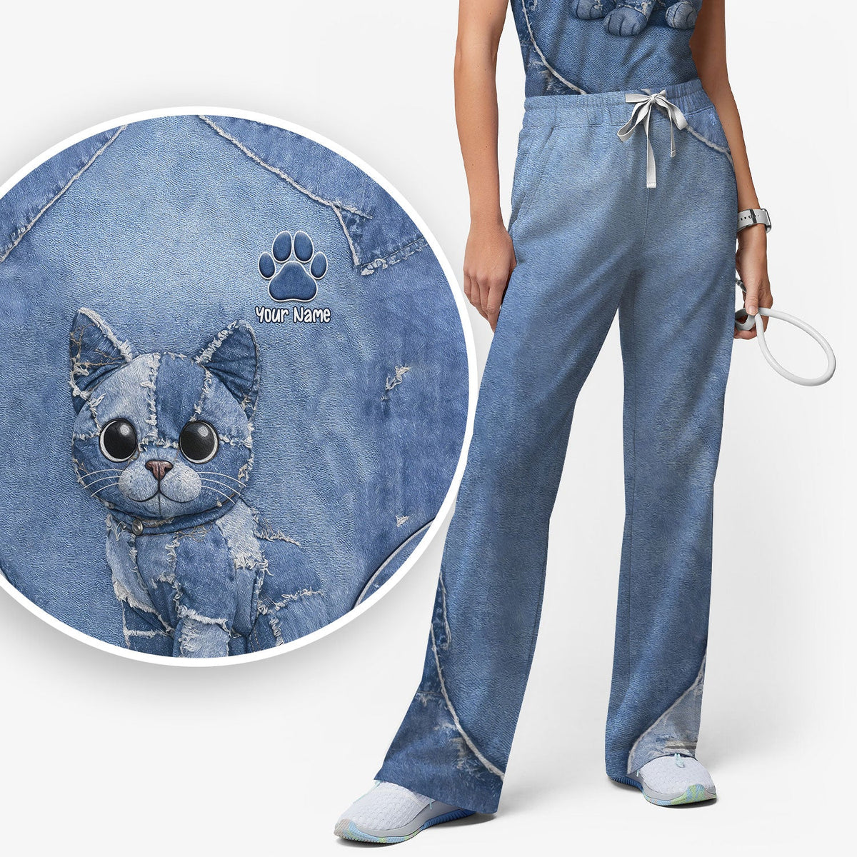 Personalized Patchwork Denim Cat Nurse Scrub Set