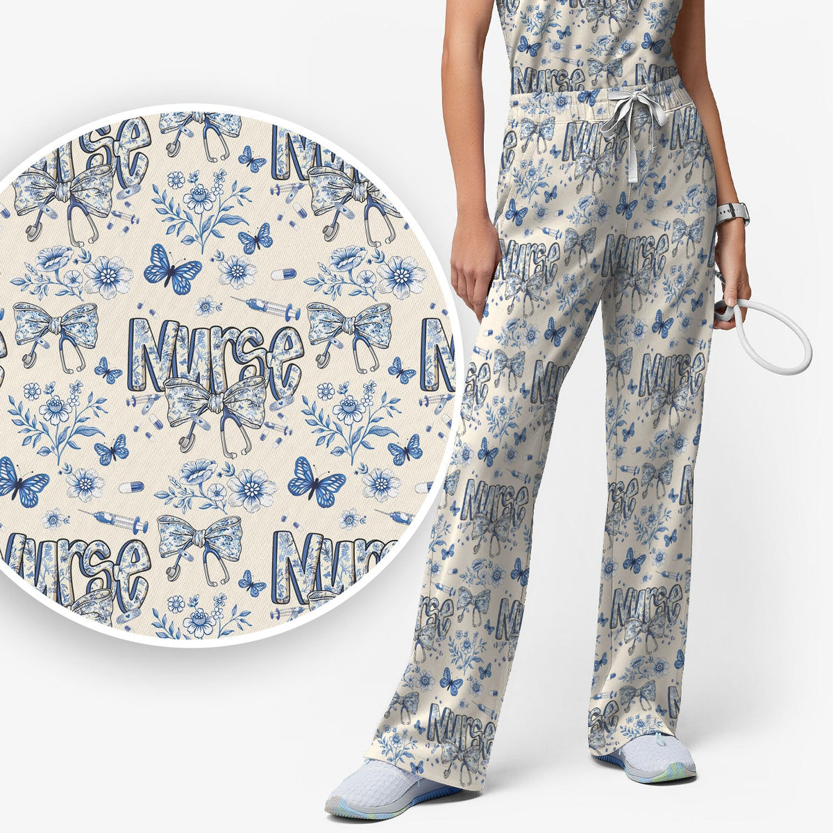 Blue Nurse Bow Butterfly Floral Scrub Set