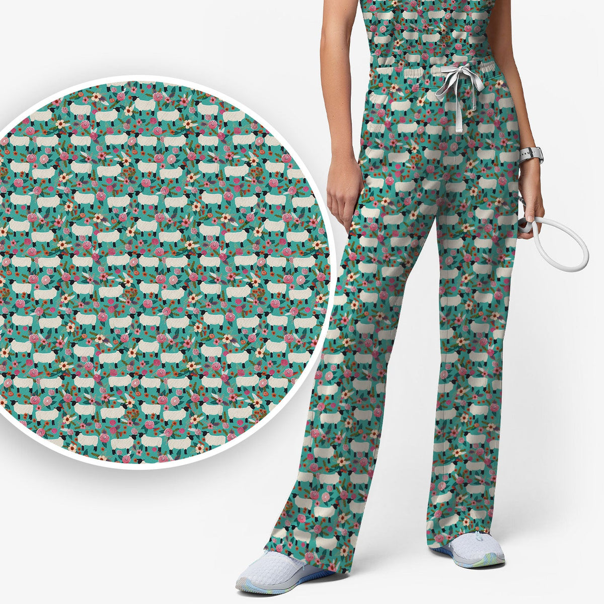 Sheep Floral Meadow Nurse Scrub Set
